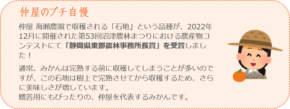 仲屋 海瀬農園で収穫される「石地」という品種が、2022年12月に開催された第53回沼津農林まつりにおける農産物コンテストにて「静岡県東部農林事務所長賞」を受賞しました!
